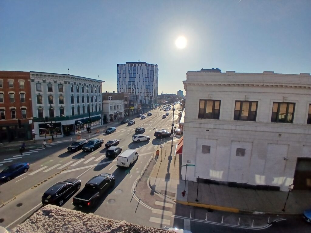view down Division Street from rooftop workshop at Studio Gang, April 2025