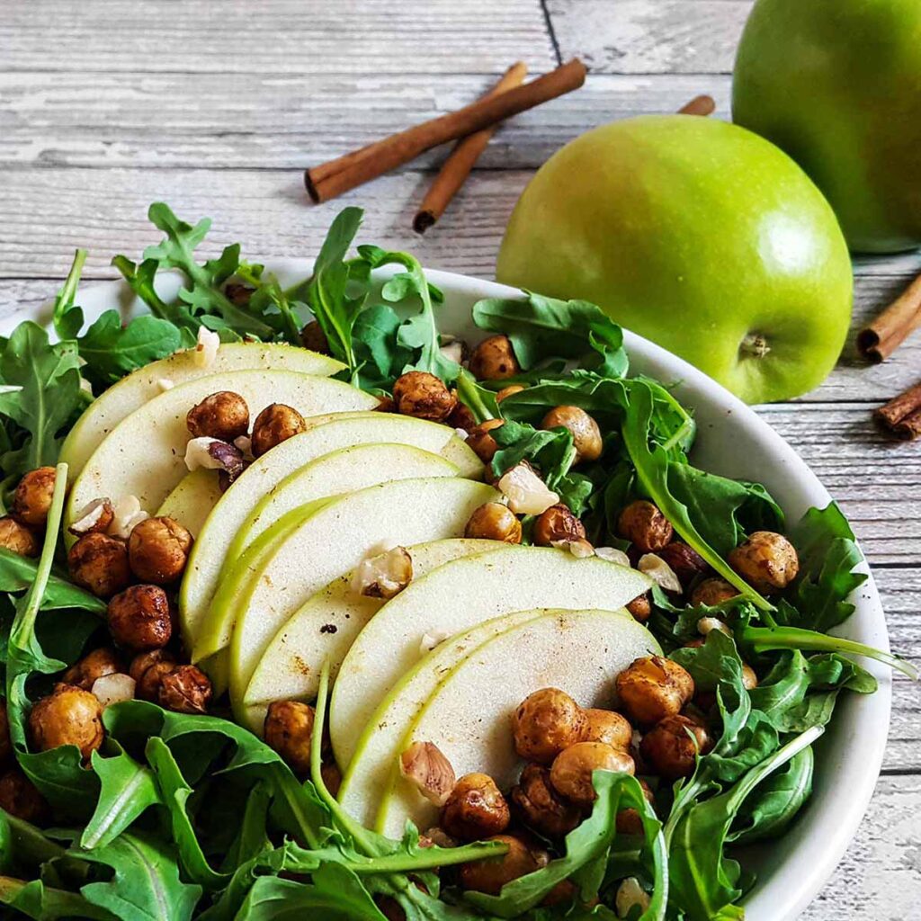 Fall arugula apple salad with chickpeas from Ask The Food Geek.
